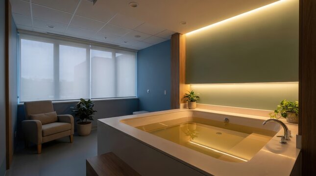 A serene and modern hospital birthing tub room with a waterbirth pool in a calm clinical setting, offering a peaceful environment for labor and maternity care in a beautifully designed suite.