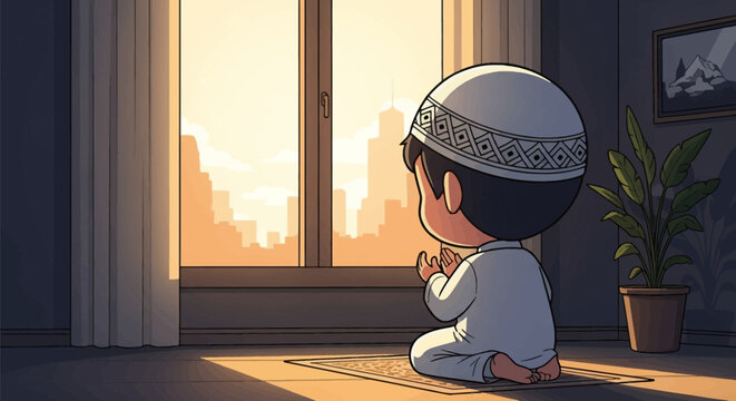 Cute chibi Muslim boy in white thobe and kufi praying on a prayer rug by a window with sunlight streaming in, hands raised in supplication, vector illustration style.