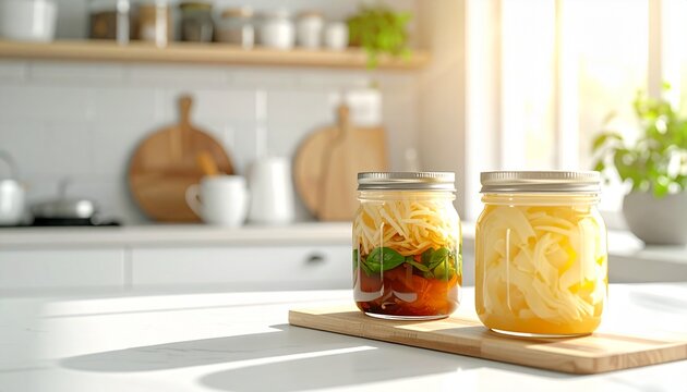 Minimal Scandinavian Kitchen Scene with Japanese Shio Koji and Amazake Fermented Foods in Glass Jars