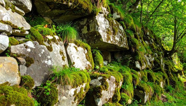 苔むした自然石積み壁テクスチャ背景