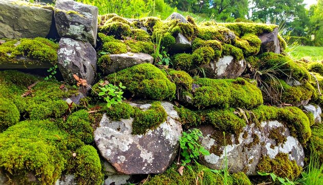 苔むした自然石積み壁テクスチャ背景