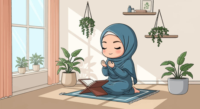 Vector illustration of a cute chibi Muslim woman wearing a blue hijab sitting on a prayer mat reading the Holy Quran with hands in supplication in a bright room with indoor plants.