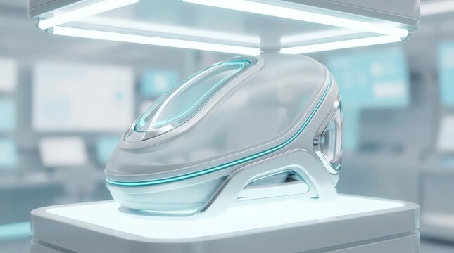 Advanced healthcare technology vessel with translucent glass shell design, cinematic widescreen view of a futuristic medical device located inside a sterile laboratory environment for research purpose