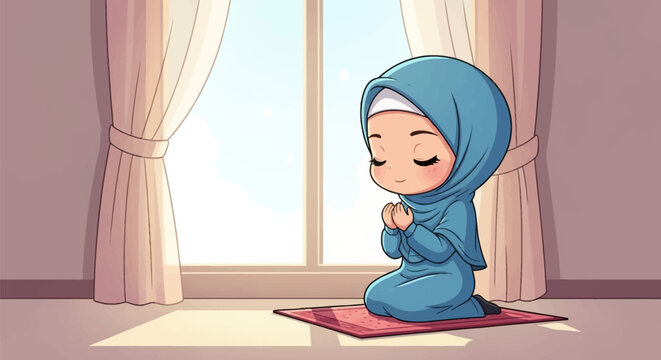 Chibi style illustration of a young Muslim woman wearing a blue hijab and modest dress, kneeling on a prayer mat performing dua supplication in a bright room by a window.