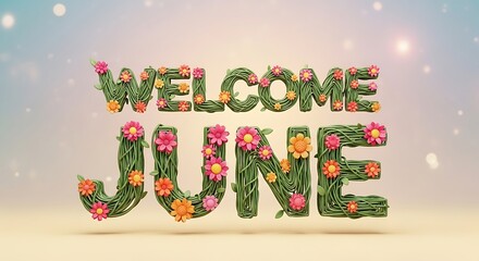Naklejka premium Colorful Welcome June Summer Greeting Banner with Floral Typography on Light Background