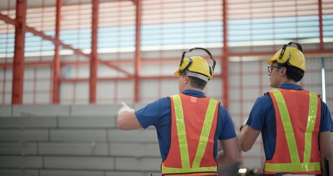 Metal Fabrication Workers Inspecting Quality and Reviewing Work Orders in Industrial Warehouse
