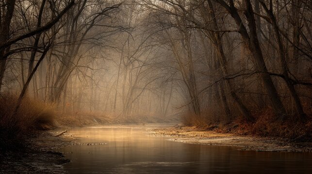 Ethereal fog dancing over a tranquil forest stream bordered by bare trees at dawn