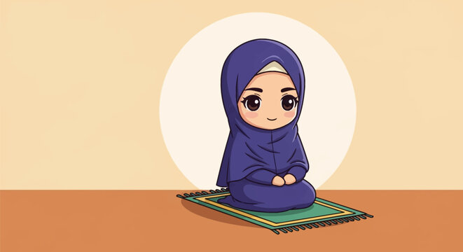Chibi-style illustration of a cute Muslim woman wearing a purple hijab and long dress kneeling on a green prayer rug, set against a simple neutral background with a white circle.