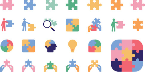 Fototapeta premium Jigsaw Puzzle Piece Icon Set with Business Strategy, Problem Solving, and Teamwork Symbols for Corporate Brainstorming Presentations, Collaboration Software, and Mobile Apps