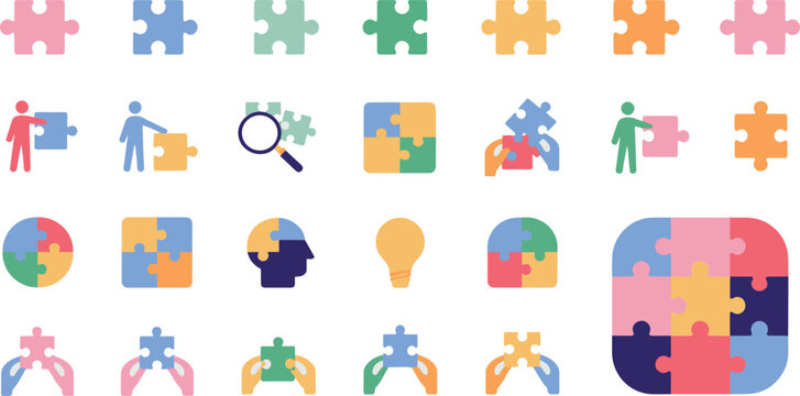 Jigsaw Puzzle Piece Icon Set with Business Strategy, Problem Solving, and Teamwork Symbols for Corporate Brainstorming Presentations, Collaboration Software, and Mobile Apps