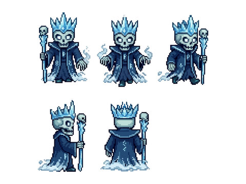 pixel art of a lich ice king skeleton wizard wearing a blue robe and crown holding a magical staff