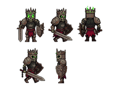 pixel art of a skeleton king knight in rusted armor holding a sword and shield with glowing green eyes.