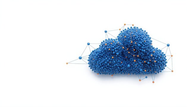 Blue cloud made of small interconnected spheres on a clean white background representing cloud computing data storage digital technology with artificial intelligence big data technology computing