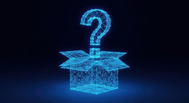 Digital glowing blue question mark emerging from a wireframe box illustration