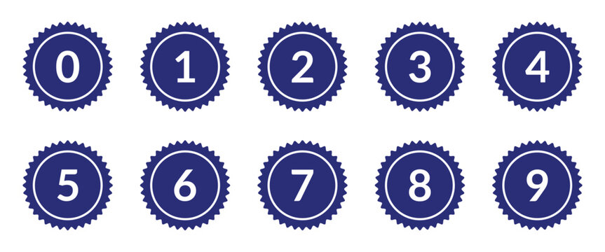 Set of blue circular stamps with numbers from zero to nine for digital counting and web design elements