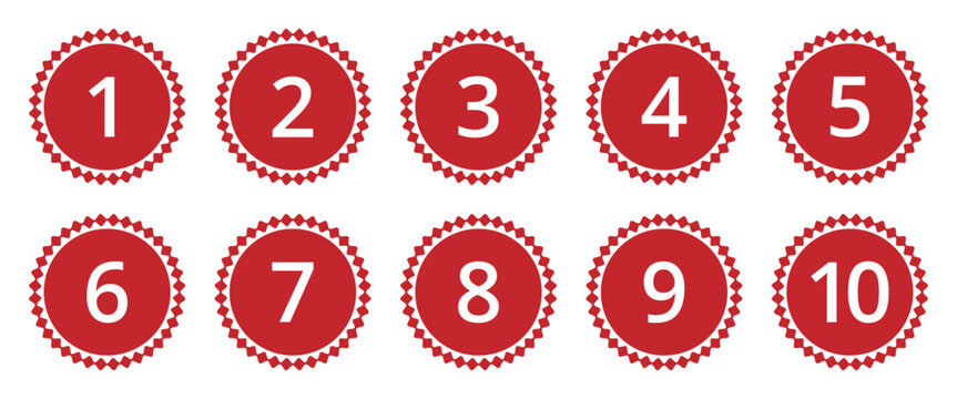 Set of ten circular number badges with red background and decorative border for countdown or list design elements