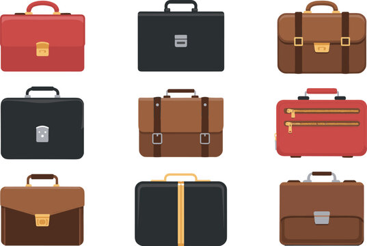 Business Briefcase Icon Set with Colorful Leather Attache Bags and Suitcase Symbols for Corporate Portfolios, Office Career Concepts, and Professional Graphic Designs