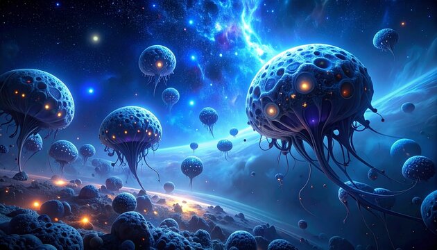 Bioluminescent Spore Cloud Drifting Through Dark Midnight Blue