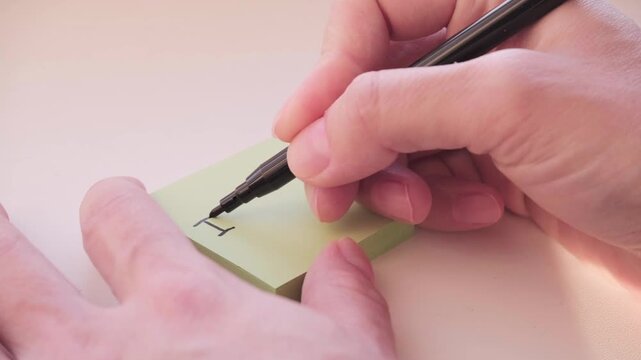 Close-up of hand writing the phrase I love you on a paper sticker. Video footage of the process of writing a declaration of love.