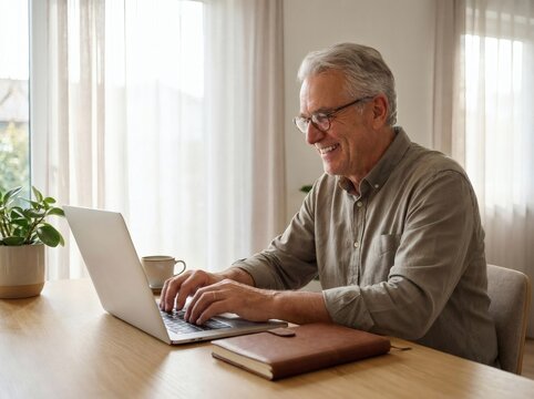 Happy senior man smiling while typing on a laptop at home, enjoying online communication and modern technology in a bright, relaxed setting