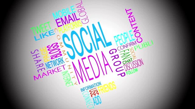 Colorful social media typography word cloud animation background with digital marketing terms, network communication keywords, internet community concept text loop