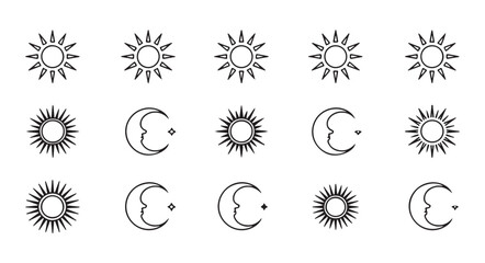 Sun and moon celestial icon set featuring various minimalist line art styles for mystical design themes. © Sen