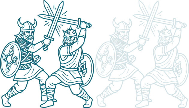 Viking Warriors Fighting with Swords and Shields in Line Art Style