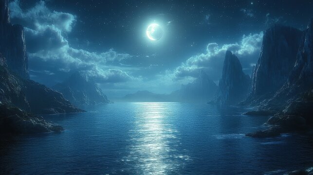 Mystical Moonlit Ocean Shore With Sparkling Water Reflecting The Full Moon And Rocky Islands