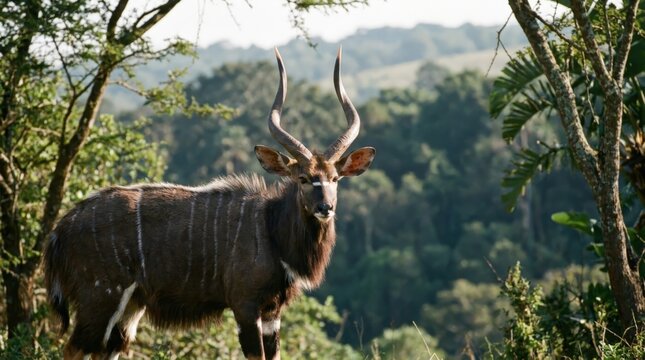 Majestic Male Nyala Antelope Standing at the Edge of a Lush KwaZulu Natal Forest, Capturing the Natural Beauty and Wildlife Diversity of the South African Wilderness in a Cinematic Widescreen View.