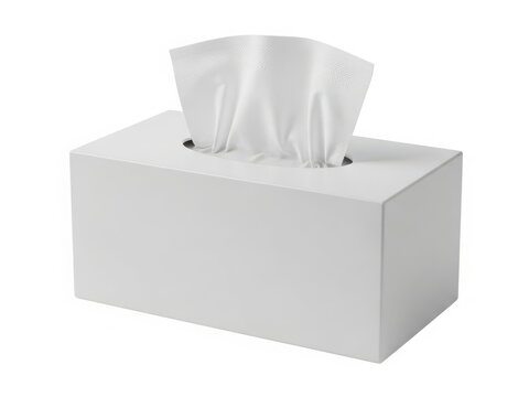 A white tissue box with a partially used tissue packet on top