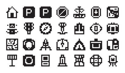 Diverse collection of pixel art building location and infrastructure icons for web interface. © MDABDUR