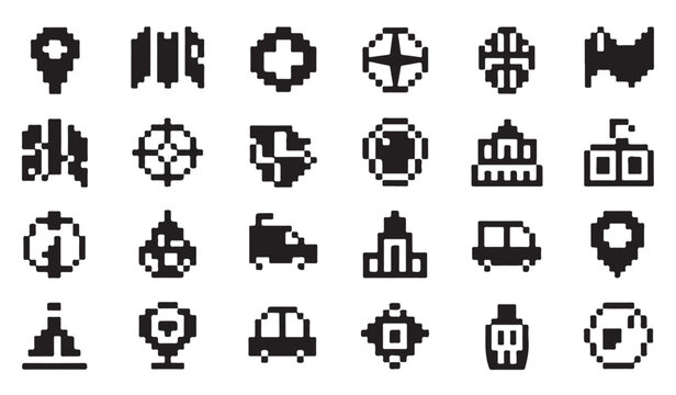 Navigation and transportation icons in pixel art style for web maps and digital interface.