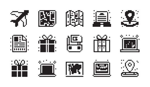 Pixel art travel and delivery icons set including maps planes gift boxes and laptop screens.