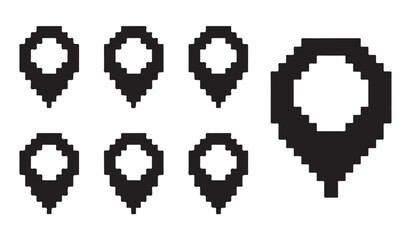 Set of 7 pixel art location map pin icons in various sizes and styles. © MDABDUR