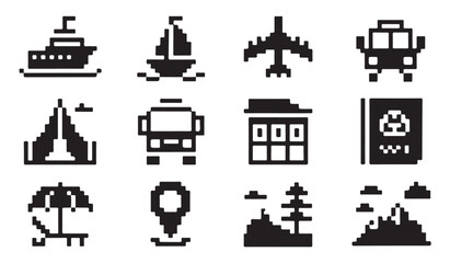 Pixel art transportation and travel icon set with ship airplane bus tent mountain silhouette. © MDABDUR