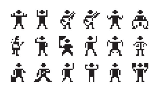 Set of pixel art human silhouettes depicting various poses and movements in retro style.
