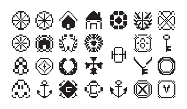 Retro pixel art symbols and icons, modern collection of vintage design elements.