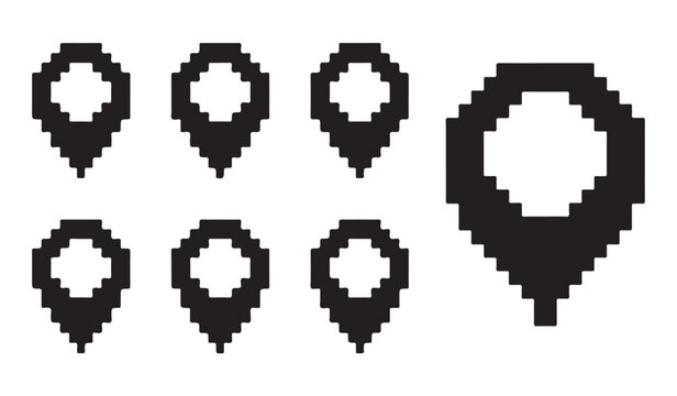 Set of 7 pixel art location map pin icons in various sizes and styles.
