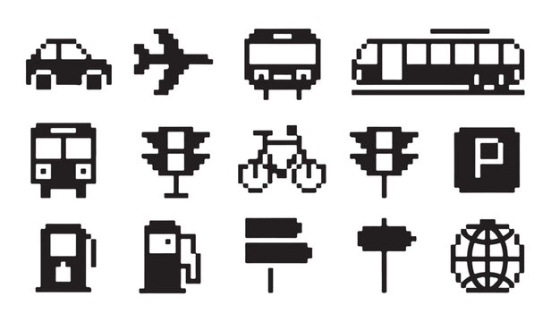 Retro pixel art icon set showing various types of transport vehicles and road traffic signs.