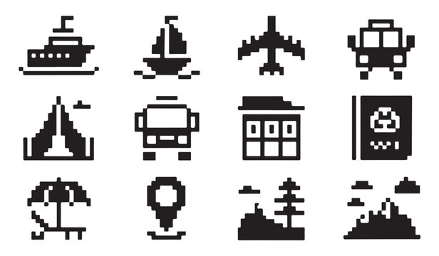 Pixel art transportation and travel icon set with ship airplane bus tent mountain silhouette.