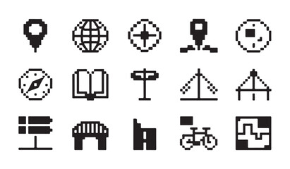 Set of pixel art navigation icons including map markers and various transport related signs. © MDABDUR