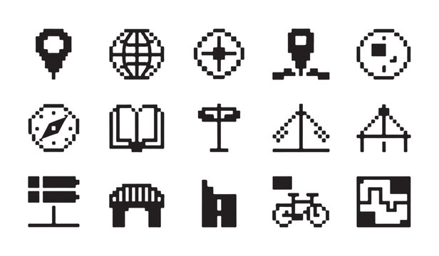 Set of pixel art navigation icons including map markers and various transport related signs.
