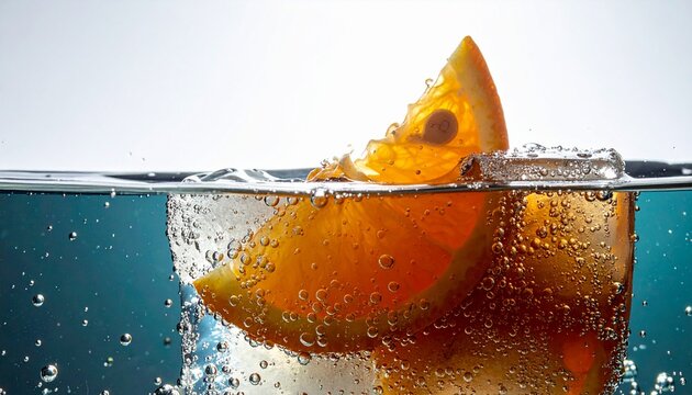 Vibrant orange slice half-submerged in sparkling clear water, creating an invigorating and refreshing visual with effervescent bubbles