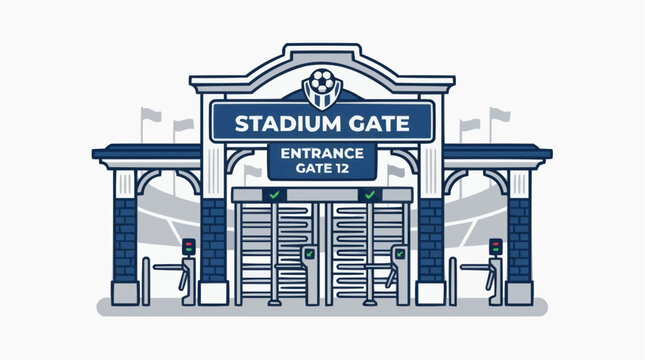 Stadium Gate Entrance: A detailed illustration depicts the main entrance of a sports stadium, featuring turnstiles, ticket booths, and signage for Gate 12.