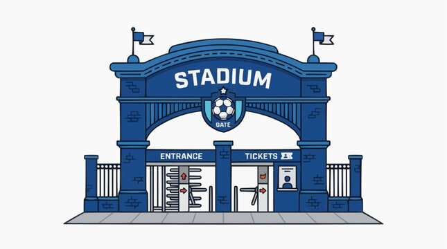 Stadium Entrance Gate: A vibrant blue stadium entrance archway, featuring turnstiles for ticket entry and prominent flags, stands ready to welcome fans to a sporting event.