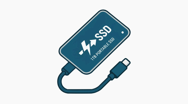Portable SSD: A compact and powerful portable solid-state drive with a lightning bolt icon and 1TB PORTABLE SSD text, connected to a USB-C cable, symbolizing fast data transfer and storage
