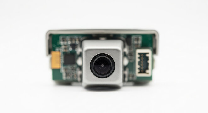 Close up photograph of a small digital automotive backup camera module featuring a metallic housing and visible green circuit board