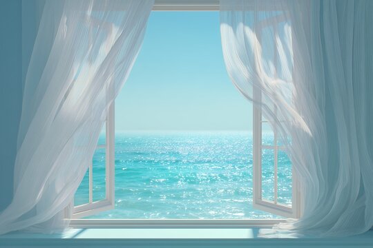 Open window with blowing white sheer curtains overlooking a sunny turquoise ocean and clear sky, concept for travel agency marketing, vacation rental advertising and wellness promotion