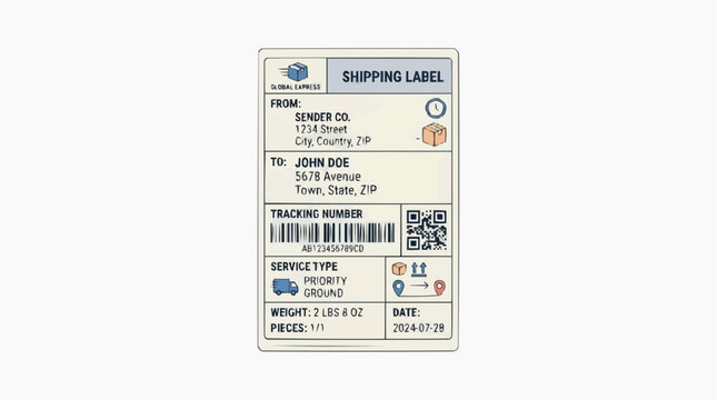 Shipping Label with Details: A detailed shipping label displaying sender and recipient information, tracking number, service type, weight, and date, ready for package delivery.