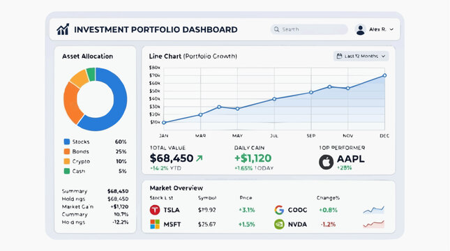 Investment Portfolio Dashboard: A clean and modern investment portfolio dashboard displays asset allocation, stock performance, and market overview, offering a clear snapshot of financial health.
